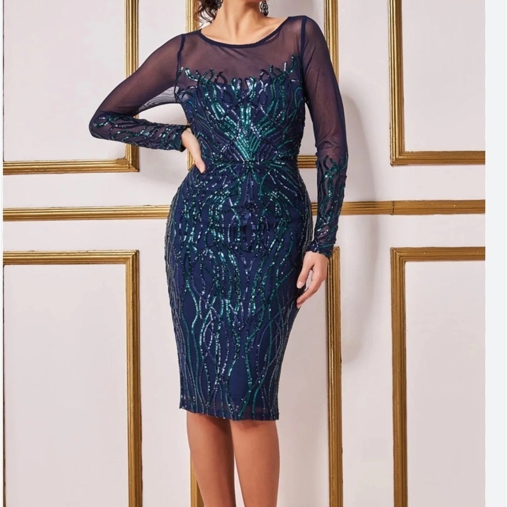 Goddiva Long Sleeve Sequin Flame Embellished Dress